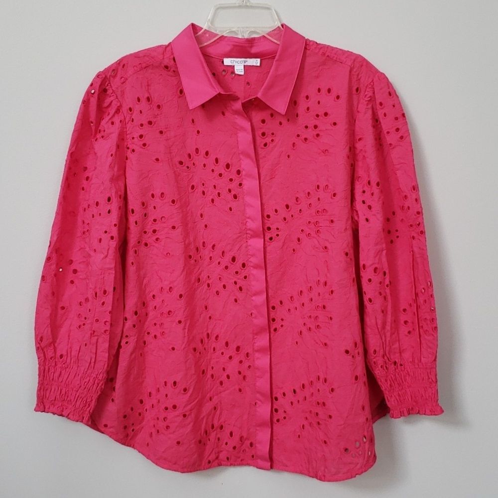 Chico's Top Womens 4/20 Pink Button Up Embroidered Eyelet Puff Sleeve
